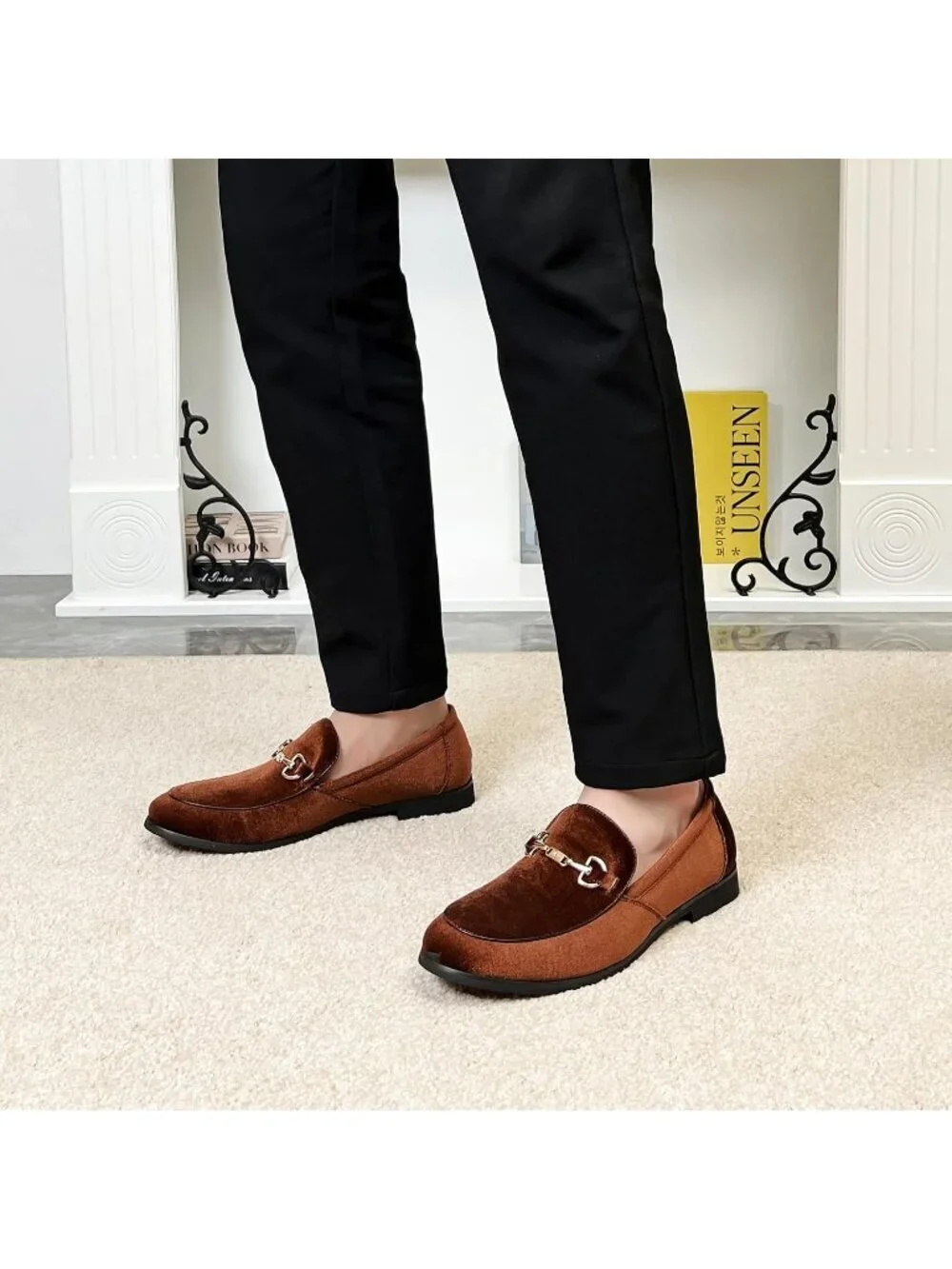 LCQL Men's Brown Leather Velvet Loafer Gold Buckle Slip On Comfortable Shoes